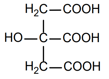 Strukturformel der Zitronensäure: zentrales C mit OH und drei COOH-Gruppen.